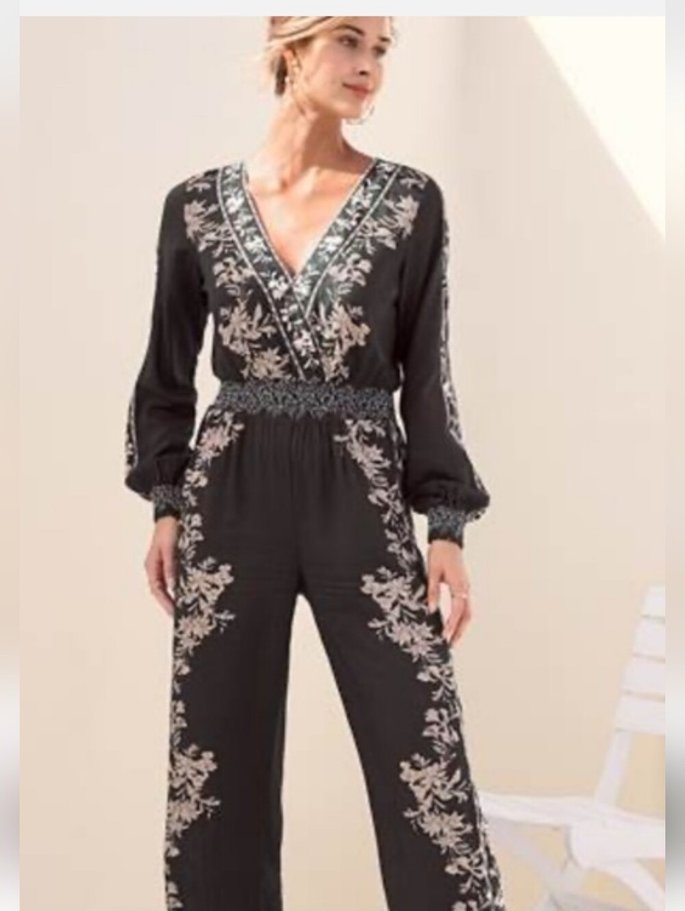 VENUS Black Jumpsuit with Pink/Cream Floral Embroidery